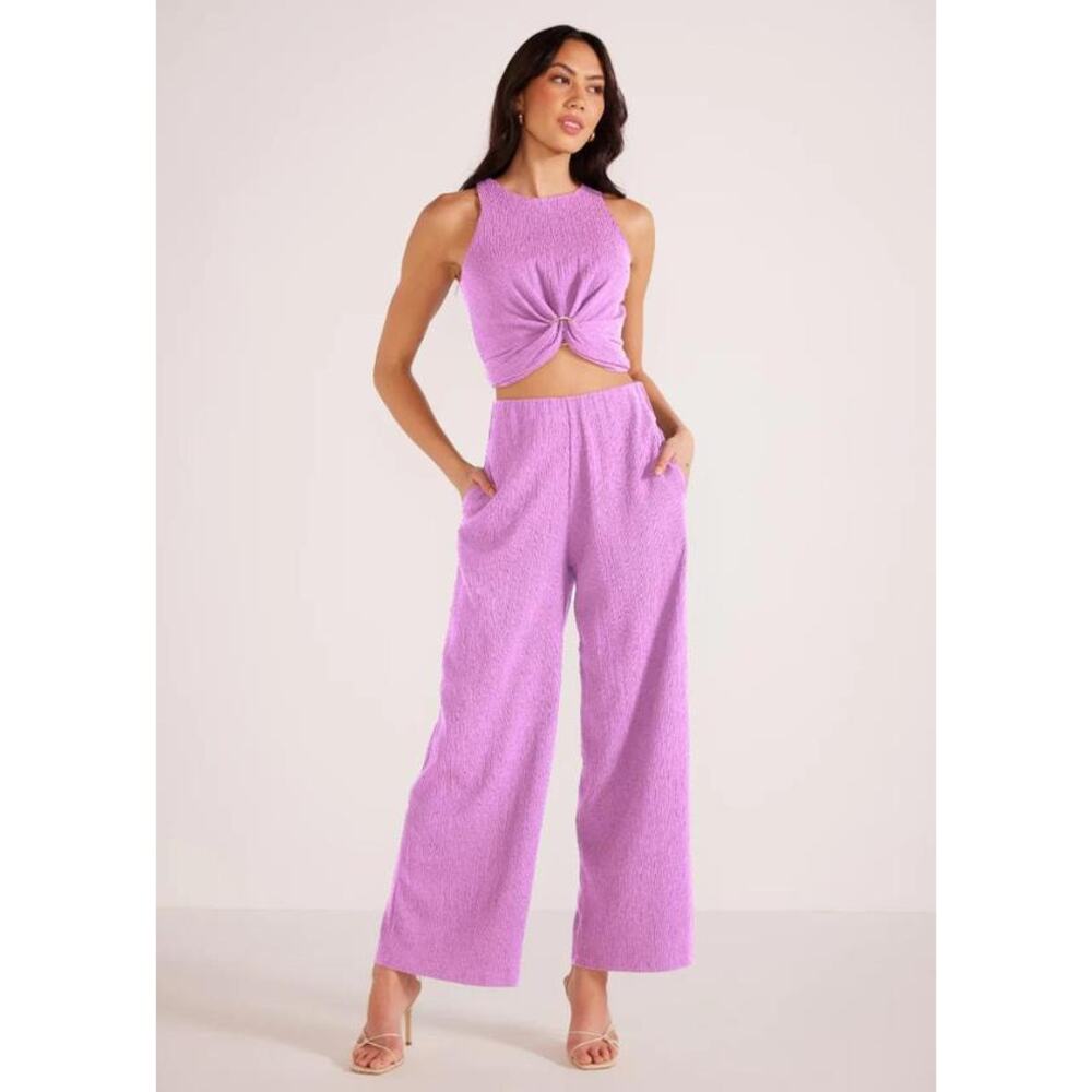 MINKPINK Purple Crinkle Textured Tank & Wide Leg Pant Set L NWT
